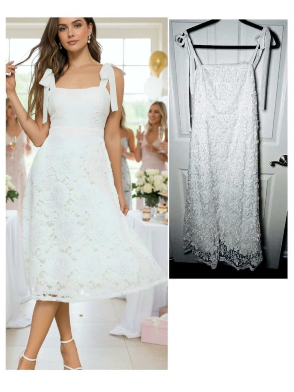 Lulus White Embroidery Sequin Lace Tie Shoulder Midi Dress Large NWOT